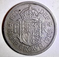 Reverse side showing UK coat of arms with crowned ER monogram and denomination