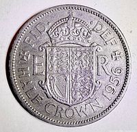 Reverse of 1956 UK half crown showing crowned arms with ‘ER’ and denomination