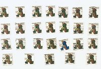 All 21 cancelled Washington at Valley Forge stamps spread out