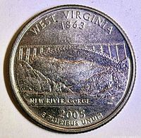Reverse showing New River Gorge Bridge design with date 1863 and legend NEW RIVER GORGE 2005 E PLURIBUS UNUM