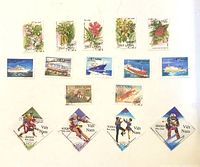 Group image of all eighteen stamps laid out by theme