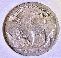 Reverse view showing standing American bison and denomination