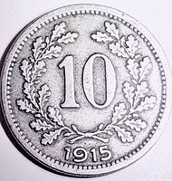 Reverse showing 10 within oak wreath and date 1915