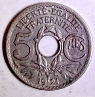 Obverse with legend LIBERTE EGALITE FRATERNITE, denomination 5 Cmes, date 1921