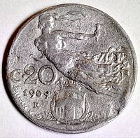 Reverse of Italian 20 Centesimi coin dated 1909 with allegorical Liberty in flight over Savoy shield