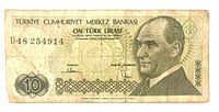Obverse showing Atatürk portrait, serial D48 254914, denomination 10