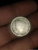 Obverse of 1908 Liberty Head nickel showing Liberty profile and date