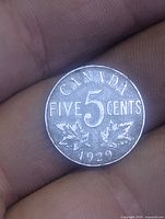 Reverse of 1929 Canadian 5-cent coin showing CANADA FIVE CENTS 1929 and maple leaves
