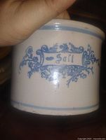 Front view of salt-glazed crock showing blue "Salt" design