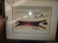 Full view of framed canoe print showing frame, mat and artwork