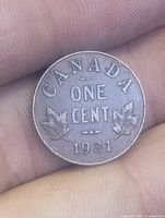 Reverse of 1931 Canada small cent showing CANADA ONE CENT 1931 with maple leaves