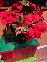 Front view of artificial poinsettia plant showing red blooms and pot