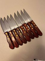 Eight Tramontina steak knives aligned handle to tip