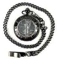Full view of pocket watch with attached chain