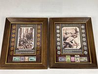 Both framed WWII coin and stamp displays side by side