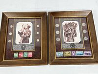 Both framed WWII coin and stamp displays side by side
