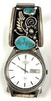 Front view showing Seiko dial and sterling silver turquoise end piece