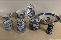 Group shot of all blue and white porcelain pieces
