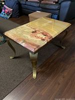 Three-quarter view of onyx stone side table