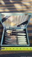 Open fitted case displaying eight utensils with cream handles