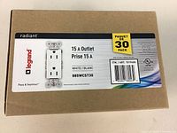 Box labeled Legrand Radiant 15 A Outlet, 30-pack, model 885WCST30
