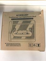 Front of box showing AMOSIJOY cushioned cat hammock bed graphics and product details