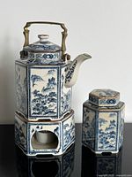 Teapot on warmer with tea caddy showing overall set