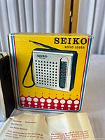 Front of colorful Seiko box showing radio graphic