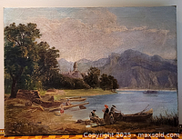Frontal view of entire painting showing landscape scene and signature area
