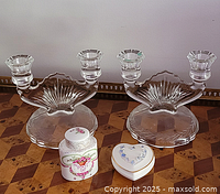 Group shot of both glass candle holders and both porcelain trinket boxes