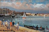 Close-up of painted harbor scene with boats, figures and signature.
