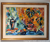 Full view of framed abstract oil painting