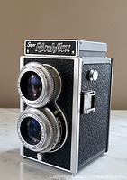 Front view of Super Ricohflex TLR showing dual lenses and name plate