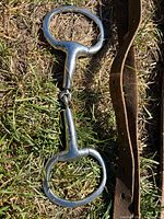 Chrome jointed snaffle bit alongside leather strap