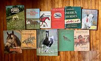 Overview of 11 horse-related books laid out on wooden floor, titles visible