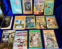 Shelf of 13 juvenile books including Doctor Dolittle, Wayside School, Mistress Pat, Summer of the Swans, Fourth Grade Celebrity, Teens at War, Santa’s Pants Falling Down, The Twits etc.