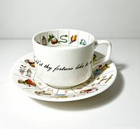 cup on saucer angled view showing exterior script and zodiac motifs