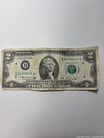 Obverse of $2 Federal Reserve Note showing serial D24760845A and treasury seal