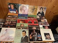 First group of LPs spread in four rows on table