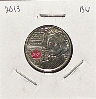 Reverse of colourized Laura Secord 25¢ coin in 2x2 holder