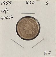 Obverse of 1859 Indian Head cent in holder