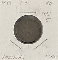 Obverse side of 1897 farthing in holder with handwritten details