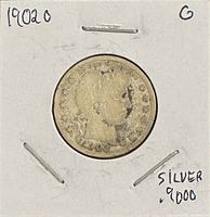 Obverse of 1902-O Barber quarter in 2x2 holder showing date and Liberty head