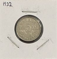 Reverse of 1922 Canadian 5-cent coin showing denomination and date