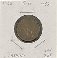 Obverse of 1936 King George V Farthing in cardboard flip with handwritten label