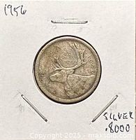 Reverse of 1956 Canadian silver quarter showing caribou, in holder