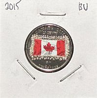 Reverse of colourized 2015 25-cent Canadian Flag coin in 2×2 holder