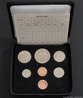 Coins and specification card inside open presentation case