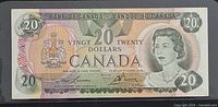 Obverse of 1979 Canadian $20 note showing Queen Elizabeth II portrait and denomination