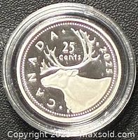 Reverse side of 2025 Canadian 25-cent silver proof coin showing caribou and denomination